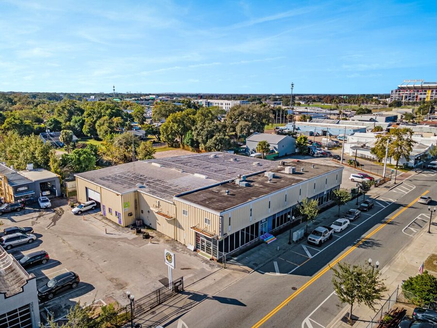 Aerial over the West Church Street buildings in Orlando.