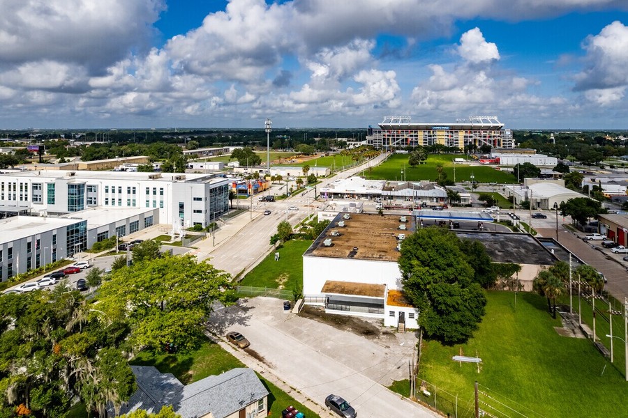 Aerial of 320 Clear Lake Way in Orlando, Camping World Stadium beyond.