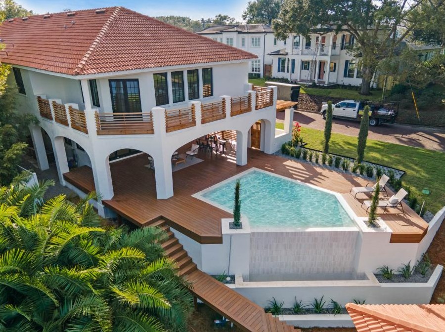 Aerial of 1521 West Ivanhoe, the rebuilt house, its deck and the infinity pool.