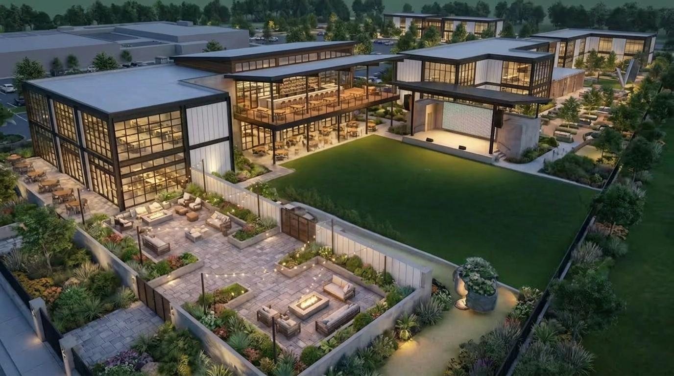 Concept rendering of the PALMA courtyard and lawn at dusk, the buildings set around the open green.