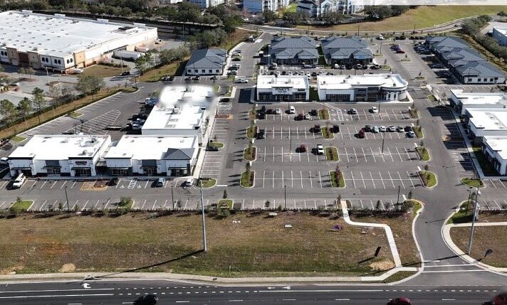 Aerial over the Highway 27 retail centre in Clermont.
