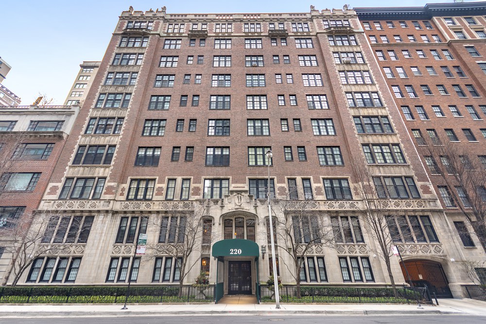 The 1920s brick and limestone building at 220 East Walton Place in Chicago's Gold Coast.
